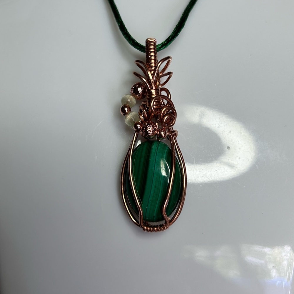 Green Malachite Wire-Wrapped Pendant Necklace with Copper Accents